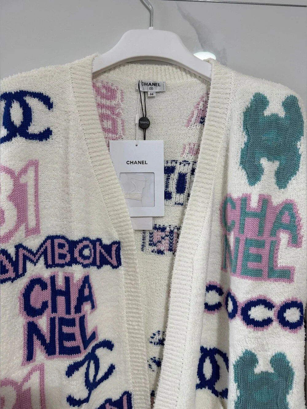 Chanel Cream Logo Graphic Knit Cardigan
